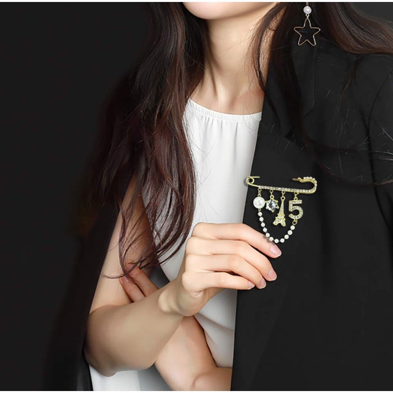 Mamfous Vintage Crown Number 5 Lapel Pins and Brooches for Women Rhinestone Jewelry with Simulated Pearl - Image 5